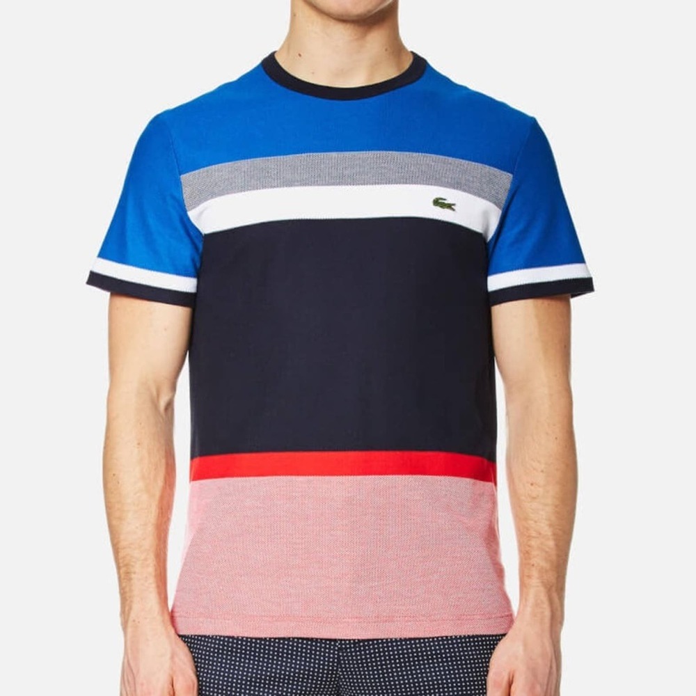 LACOSTE Block Stripe Pique T-Shirt Croc Logo. Size M